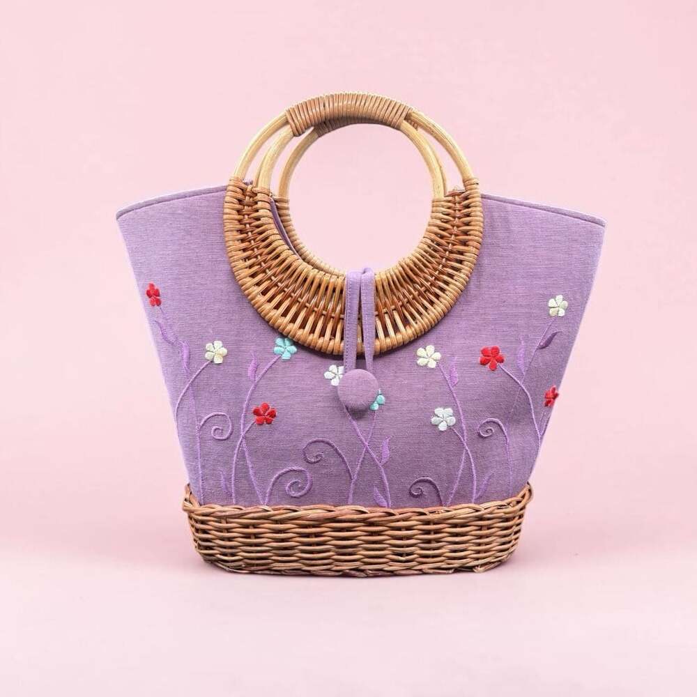 Vintage Purple Floral Embroidered Wicker Basket Handbag